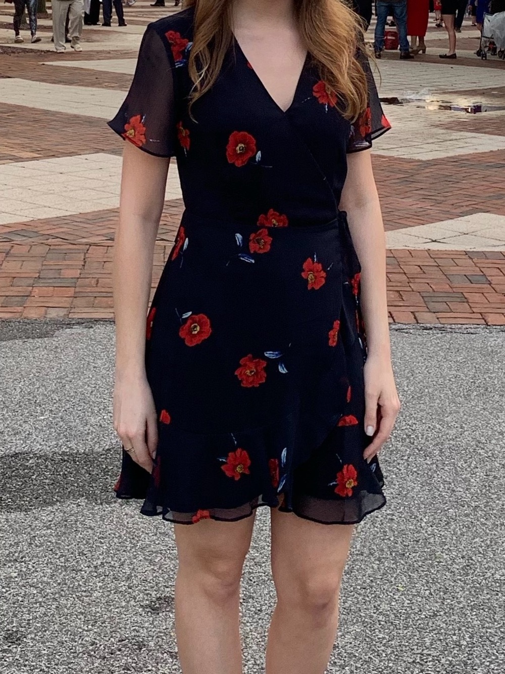 All in Favor Floral Wrap Dress - Dark Navy & Red - Size Small